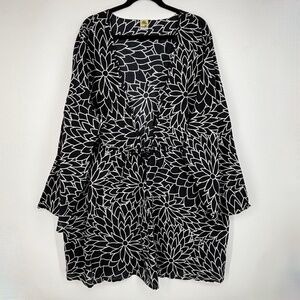 Islander Womens 3X Swim Beach Cover Up Black White Floral Cotton Plunge Neck